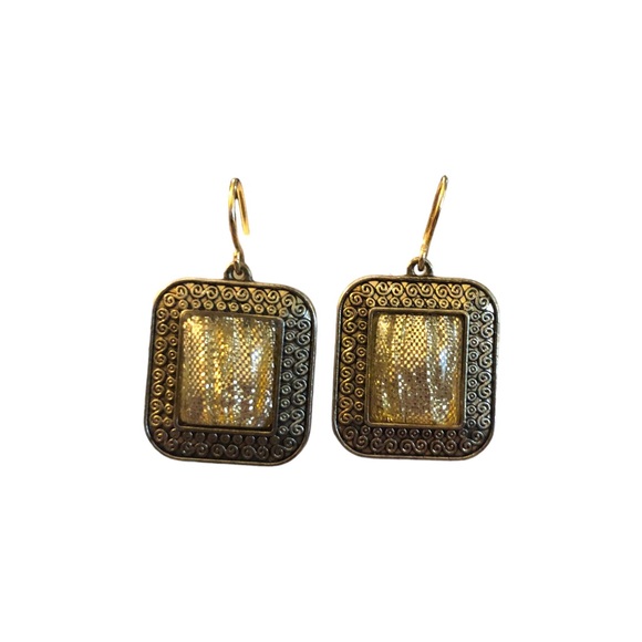 Disco Gold tone Greco-Roman Inspired Square Dangle Earrings‎ - Picture 2 of 5